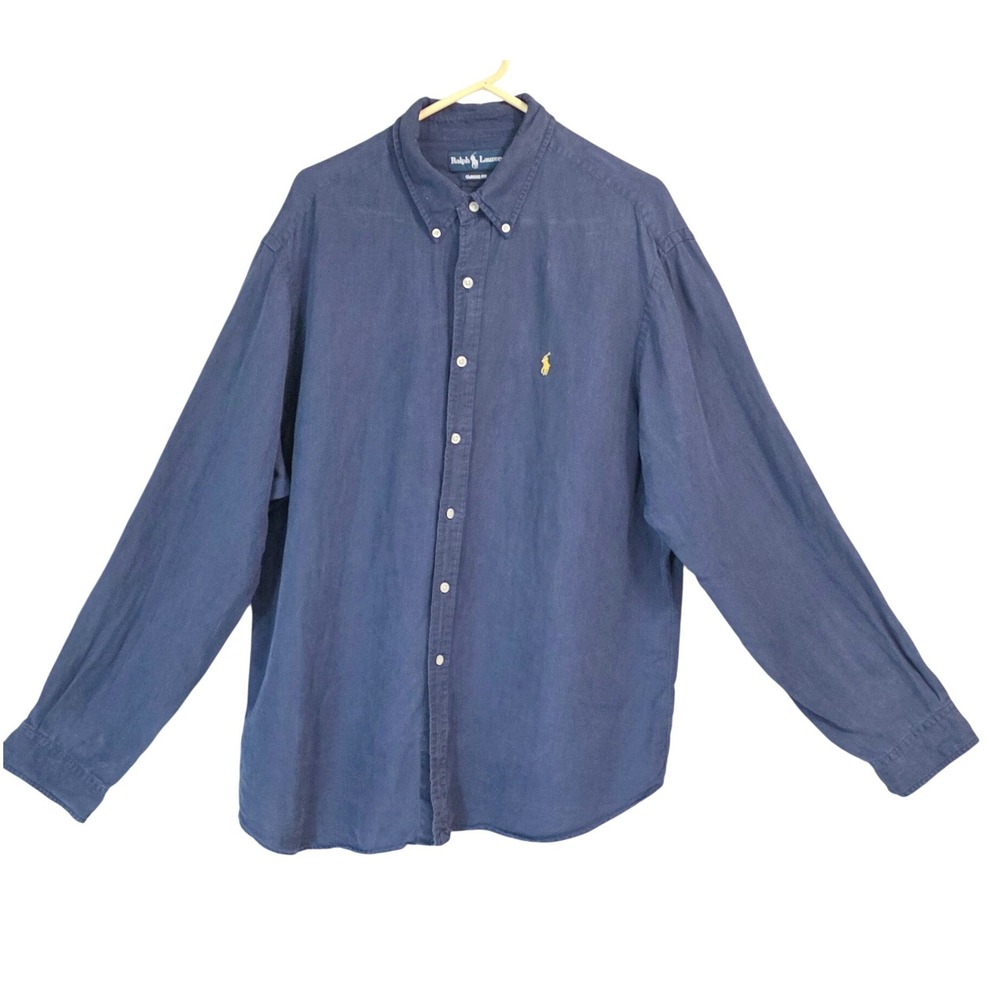 Ralph Lauren Classic Fit Linen‎ Button Down Shirt Navy Blue XXL